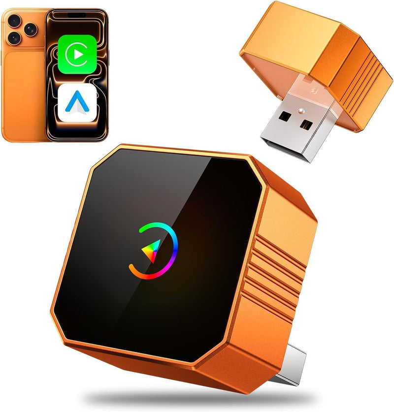 Aimoon 2026 Upgraded Wireless CarPlay Adapter for iPhone＆Android, Car Play Mini Wired to Wireless Adapter for CarPlay ＆Android Auto Plug and Play Stable Connection & No Latency for iPhone iOS 10+ Orange