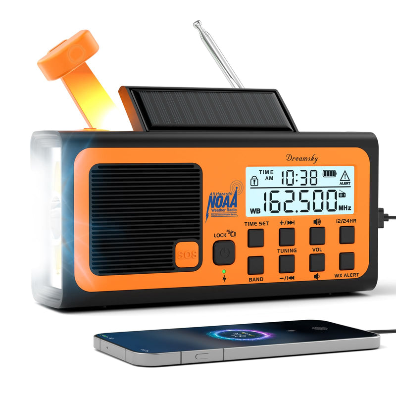 DreamSky Emergency Radio NOAA Weather Alert with Hand Crank | Radio Portable AM FM SW, 18500mWh Rechargeable Battery Operated, Solar Powered, SOS Alarm, Flashlight, Reading Lamp, USB Port Orange
