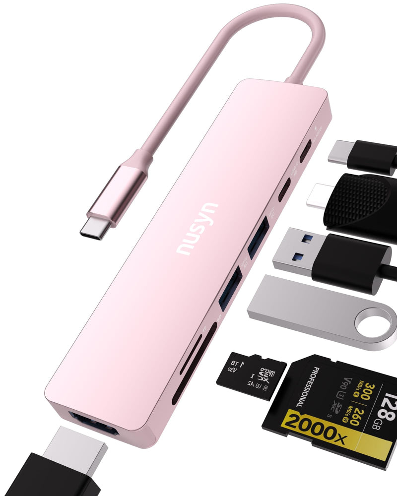 7-in-1 USB C Hub with 4K@60Hz HDMI, 2 USB-A, 1 USB-C, 100W PD Charging, SD 3.0 /TF 3.0 Card Reader, Compatible with MacBook Pro/Air/Neo, iPad Pro, iMac, iPhone 15-17 (Blush) Blush
