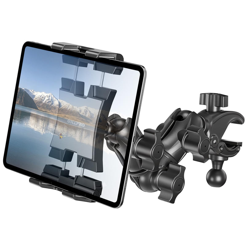 OHLPRO Tablet Holder for Mic Stand, 360° Adjustable Dual Arm Tablet & Phone Mount with Clamp, for Treadmill Handlebar, Peloton Bike, Stroller, Wheelchair, Fits 4.7–14.6" Devices 4.7–14.6"