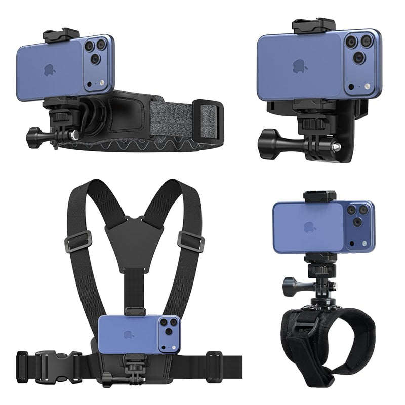 4 in 1 Phone Accessories Kit, Quick Release Head Strap Mount + Chest Mount Harness + Backpack Clip Holder + Palm Strap Kit for POV/VLOG,Cell Phone Clip Compatible with iPhone,Samsung and More Phones