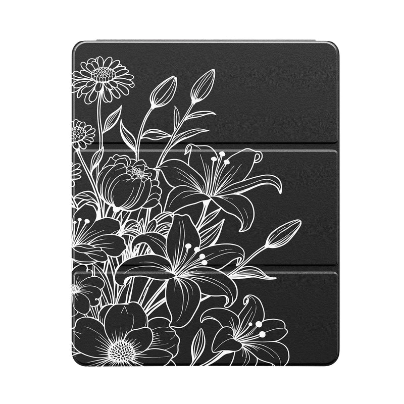 MoKo Stand Case for 11" Kindle Scribe 3rd& Colorsoft 2025, Line Flower | Premium Leather Trifold Stand Cover with Pen Slot, Auto Sleep/Wake,Water Proof