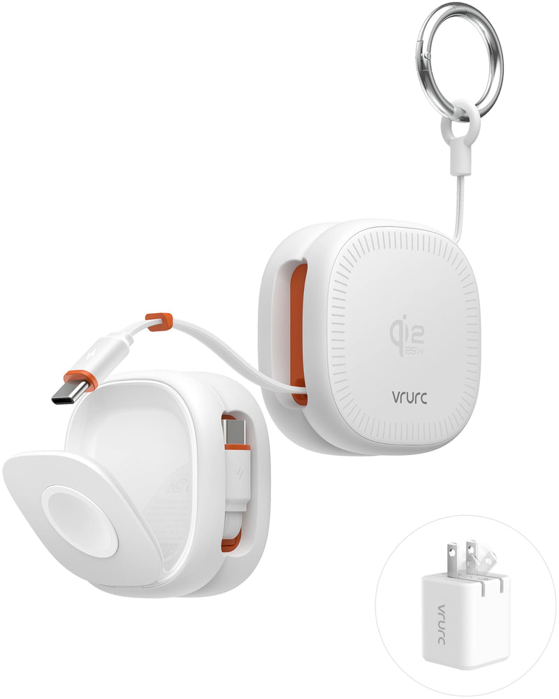 VRURC 3 in 1 Charging Station for Apple,Qi2.2 25W Wireless Charger Dock | Includes 45W Power Adapter, Palm-Sized Foldable Travel Charger for iPhone 17/16/15/14/13, iWatch, AirPods — White (1 Pack)