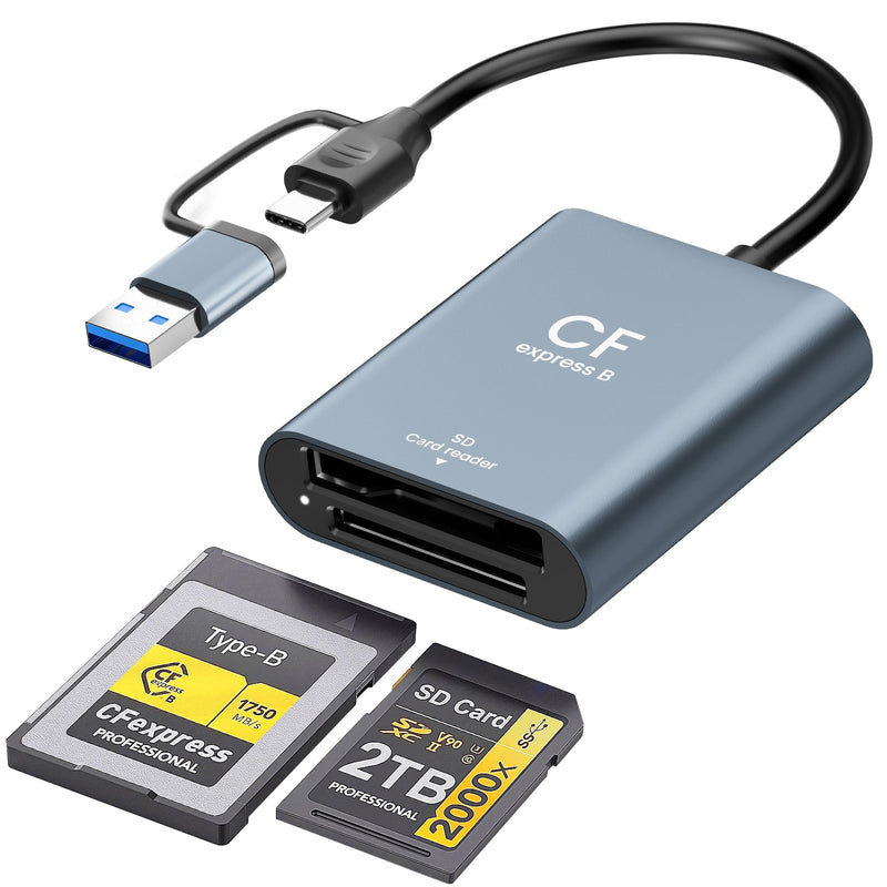 CFexpress Type B & SD Card Reader, USB 3.2 10Gbps Dual Slot, 2-in-1 USB-C/USB-A CFexpress Type B Adapter for Windows/Mac/Linux/Android, Ideal for Photographers & Videographers Gray
