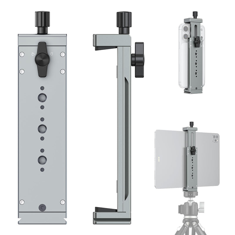 Aluminum iPad Tablet Tripod Mount Adapter - Adjustable 13.5-22cm Clamp Range with 1/4" Thread, Arca Swiss, Cold Shoe - Universal Tablet Holder for iPad, Video Recording, Photography