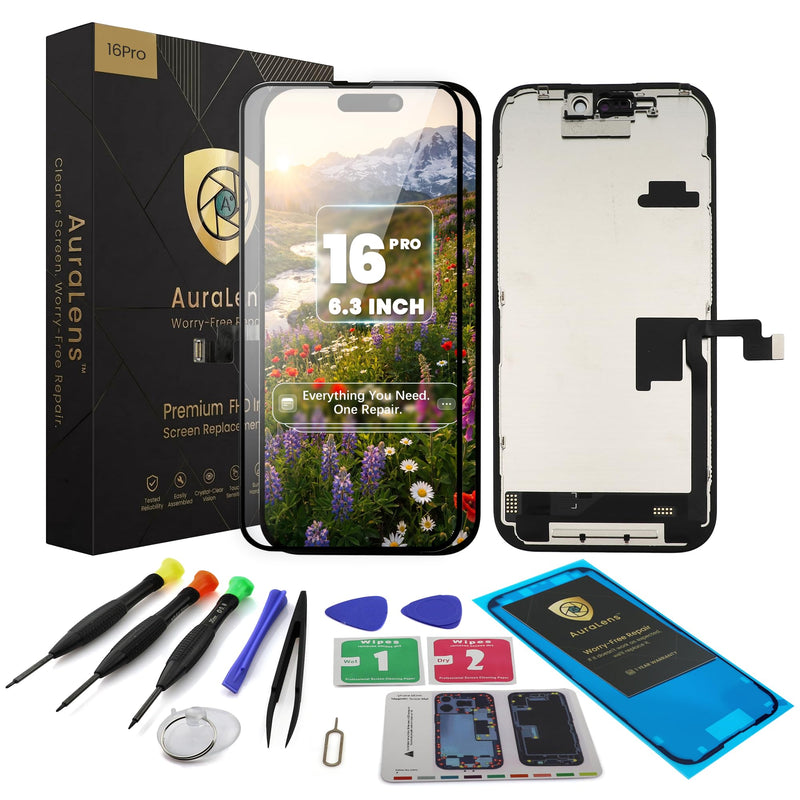 AuraLens for iPhone 16 Pro Screen Replacement Kit LCD Display Assembly | A3083 A3292 A3294 A3293, FHD INCELL LCD Digitizer 6.3 Inch, COF, 120Hz, Repair Tools, Waterproof Adhesive, Magnetic Screw Pad For iPhone 16 Pro (6.3")