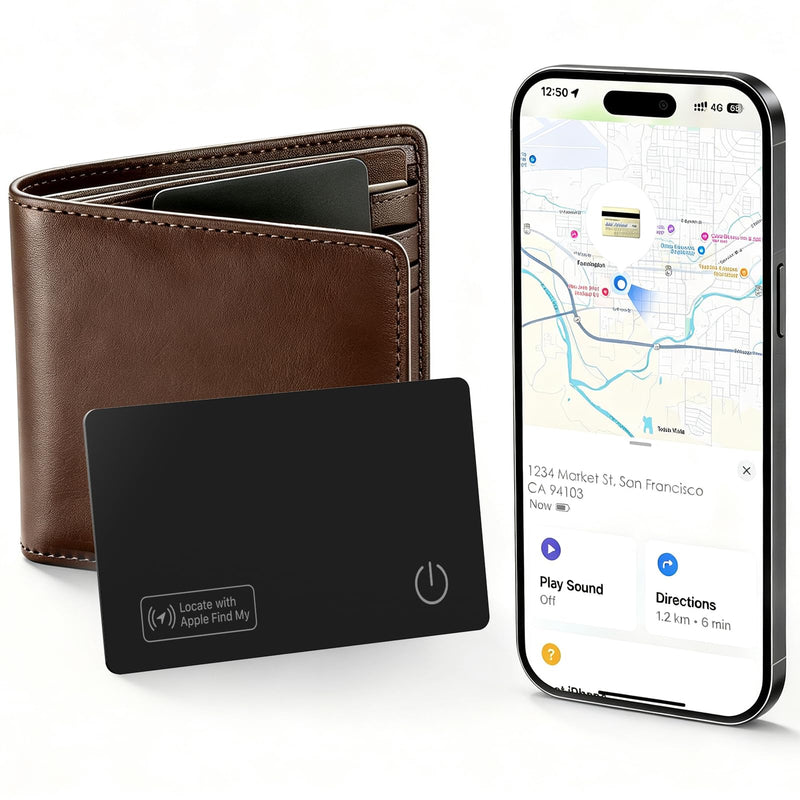 Wallet Tracker Card Compatible with Apple Find My iOS only | 0.07in Slim Wallet Finder, IP68 Waterproof, Tracking Card for Wallet, Luggage Tag, Passport & Purse, Wireless Rechargeable Carbon Black 1
