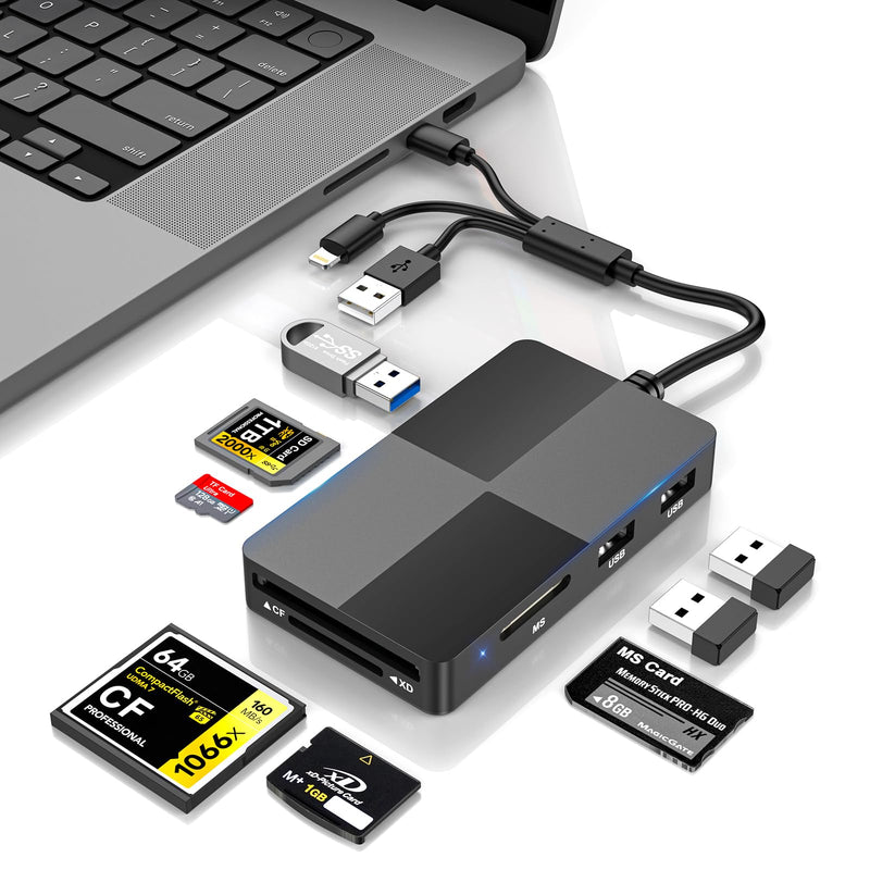 8-in-1 Memory Card Reader, Memory Stick Pro Duo Adapter, SD/TF/MS/CF/XD Card Reader with 3 USB 2.0 Ports, USB-C/Lightning/USB-A Multi Card Reader for iPhone iPad Android Mac PC, OTG Plug & Play