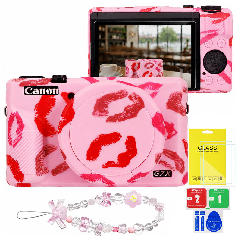 Cute Camera Case for Canon G7X Mark III,Silicone Protective Cover with Removable Lens Cap,Bracelet Wrist Strap & 2 Pack Tempered Glass Screen Protector for Women (Pink Lips) Pink Lips
