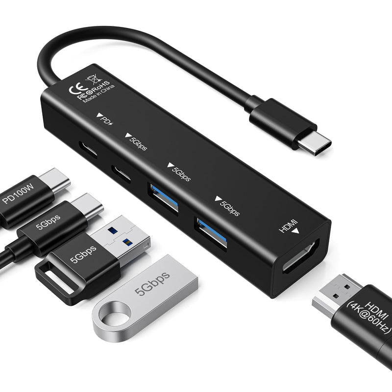 5 in 1 USBC to HDMI Adapter with 4K@60Hz, 100W PD Charging, 5Gbps USB C Hub | hdmi to usbc adapter for MacBook, iPad Pro, iPhone 17/16, Windows, 2 USB-A and 1 USB-C 3.0 Data Ports