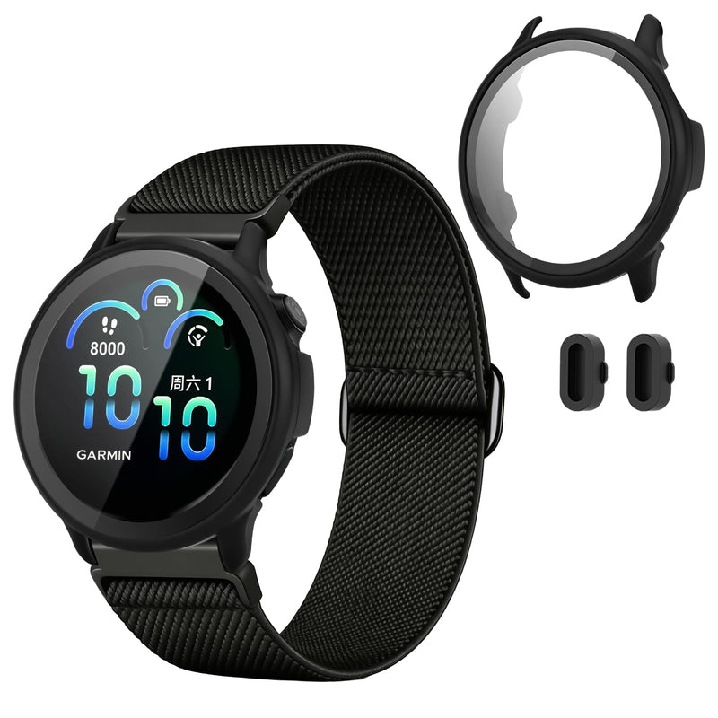1+1 Compatible for Garmin Active 6 Case with 20mm Watch Band Nylon | 20mm Strap for Garmin Vivoactive 6 Watch Band Nylon with Hard PC Active 6 Case Black, Quick Release, Anti-scratch vivoactive 6 black