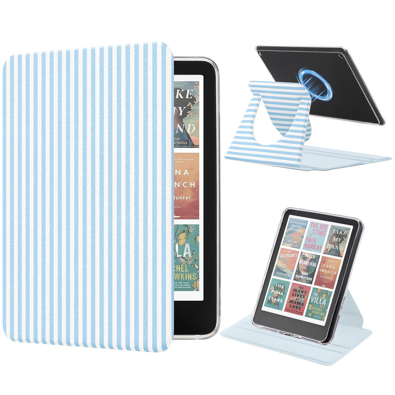 Magnetic Rotating Stand Case for 7'' Kindle Paperwhite & Colorsoft | Magnetic Detachable, Adjustable Stand, Auto Wake/Sleep, Clear PC Case, Soft TPU Edge, Anti-Slip Grooves, Blue & White Stripes Blue and White Stripes 7" e-book-reader