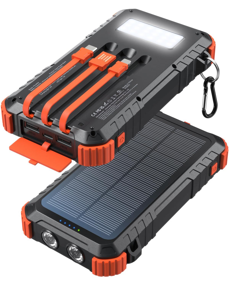 Solar Power Bank Built-in Cables Speed Charging 20000mAh Camping | Portable Charger with Camping Flashlight Outdoor External Battery Pack USB-C in/out for iPhone Samsung Android Deep Orange