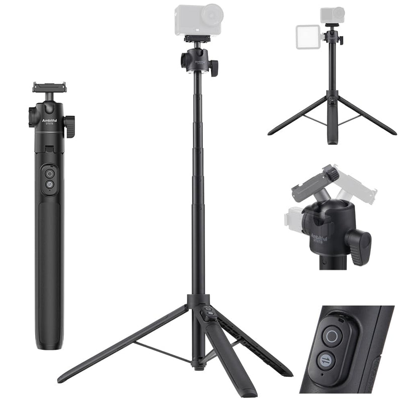 Ambitful Bluetooth Tripod Selfie Stick, Magnetic Mount for DJI Osmo（DT07B | 13.3-55.1inch in Extendable,2-in-1 Tripod and selfie stick For DJI Osmo Action Cameras,360 ball head, 1.5kg load DT07 DT07B Extended