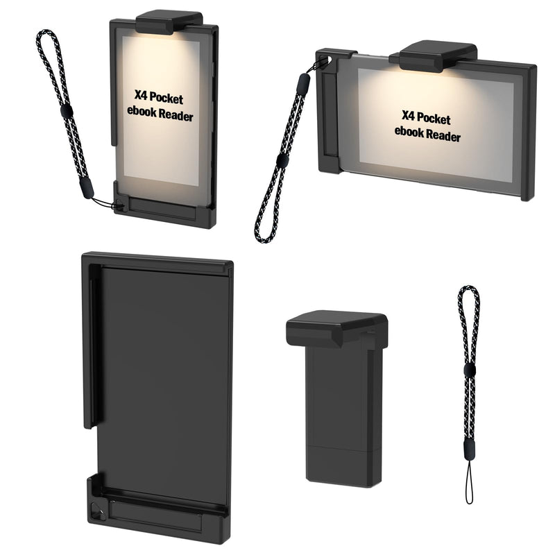 Protective Case with Detachable Rechargeable Reading Light for X4 E-Reader | Reversible Protection Design with Portable lanyard, Flippable Case with Back Light For 4.3" Mini Pocket E-Reader (Black) Black