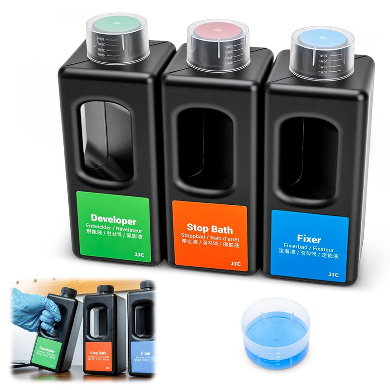 JJC Square HDPE 1000ml Darkroom Chemical Storage Bottles x3 With Handle, Photographic Plastic Containers with 40ml Measuring Cups for Film Photo Developer Fixer Stop Bath