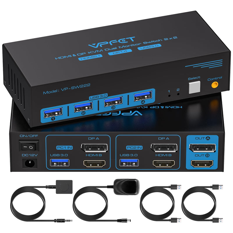 4K@120Hz Kvm Switch 2 Monitors 2 Computers 8K HDMI Displayport Dual Monitor KVM Switches 2 Ports for 2 PC Share Mouse Keyboard and 2 Screens with Desktop Controller and 2 USB 3.0 Cables 2 PC 2 Monitor