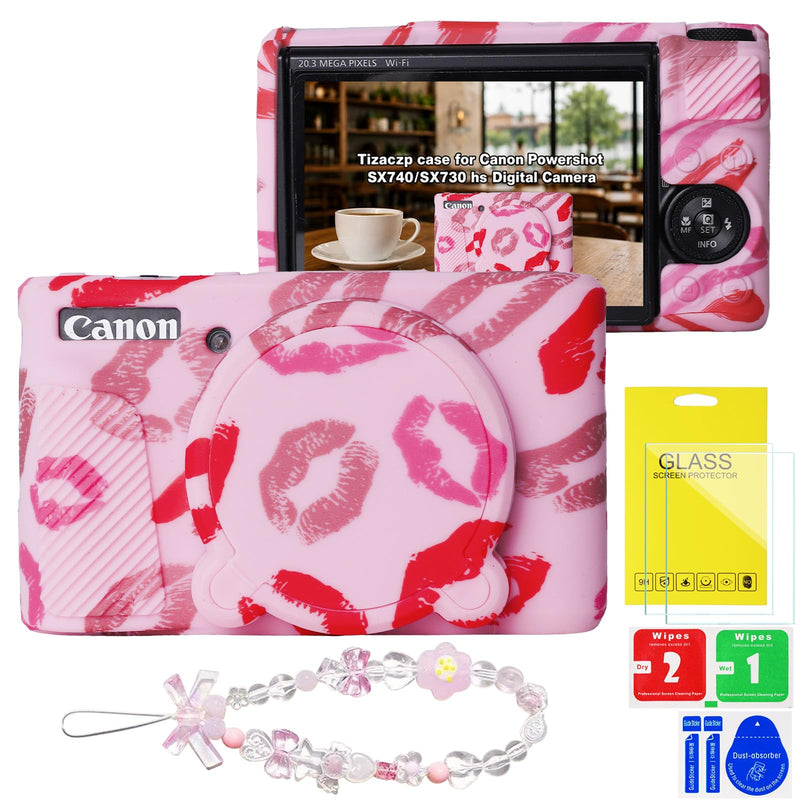 Cute Camera Case for Canon PowerShot SX740 HS/SX730 HS,Silicone Protective Cover with Removable Lens Cap,Wrist Strap & 2 Pack Tempered Glass Screen Protector for Women (Pink Lips) Pink Lips