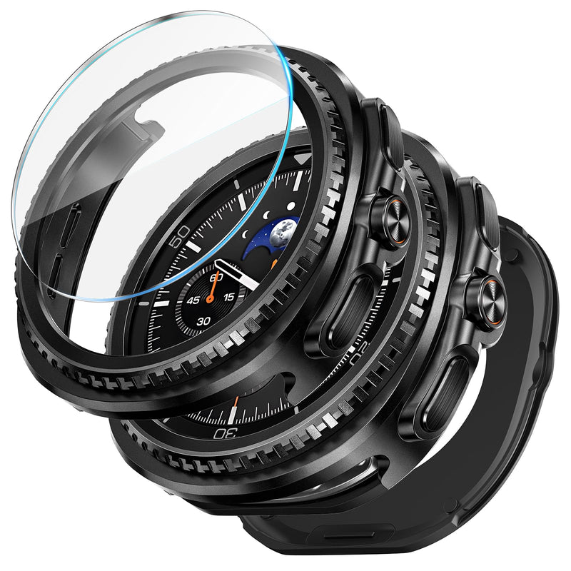 LETOID Metal Case for Samsung Galaxy Watch 8 Classic Screen Protector 46mm | 3-in-1 Full Protective Accessories, Stainless Steel Bumper Face, Hard PC Back Cover and 9H Tempered Glass Film Black Galaxy Watch 8 Classic - 46mm