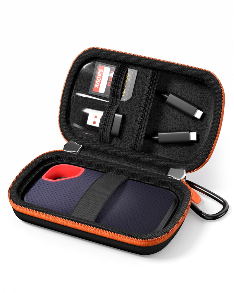 ProCase Hard Case for SanDisk Extreme Portable SSD V3 New Model SDSSDE70 | EVA Shockproof Travel Carrying Case with 2 SD Card Slots & Mesh Pocket, Fits 1TB 2TB 4TB, Hard Drive Case, Orange Black