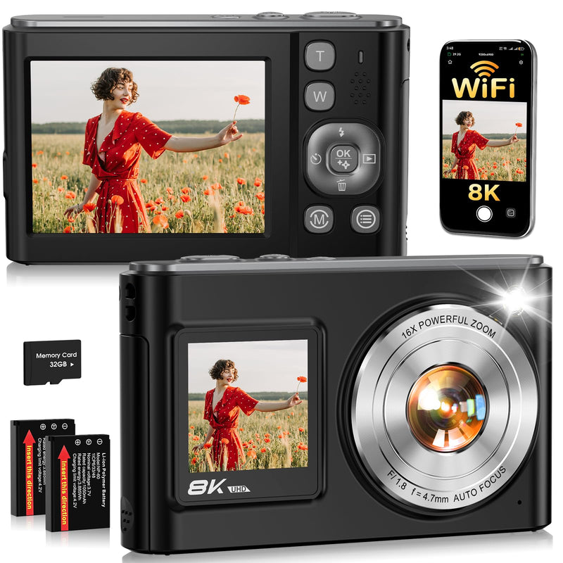 8K Digital Camera for Photography,96MP WiFi Dual Screens Vlogging Camera | Autofocus,16X Zoom,Anti-Shake,Compact Point and Shoot Camera for Teens,Beginners,Travel,32GB Card,2 Batteries Black