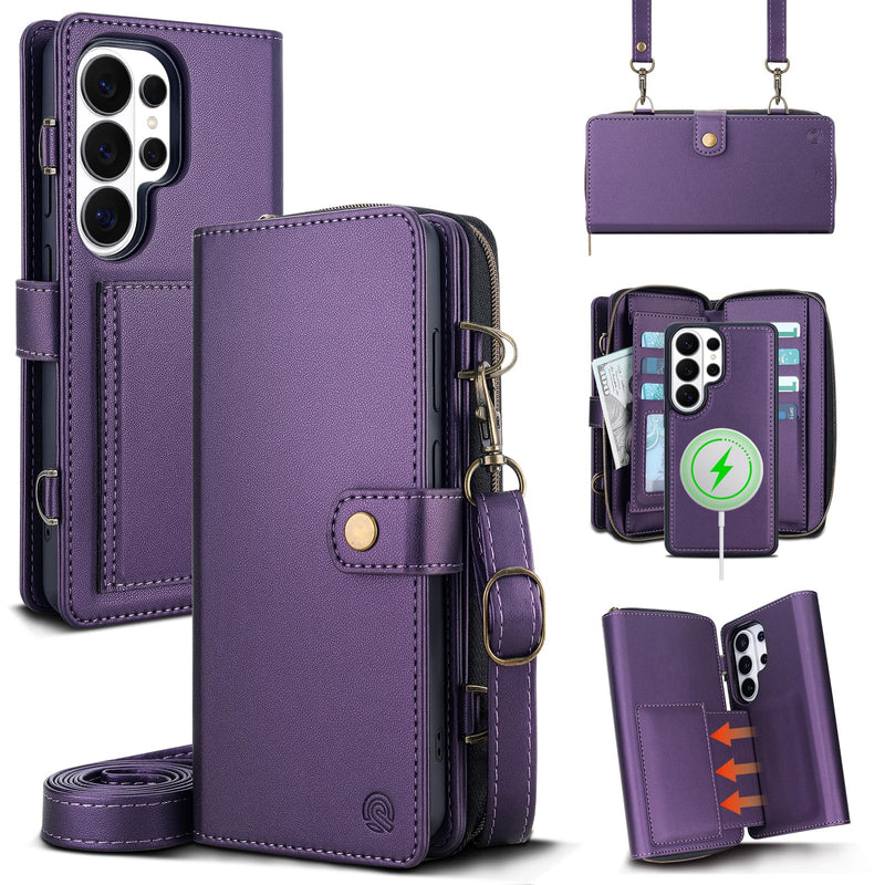 for Samsung Galaxy S26 Ultra Detachable Wallet MagSafe Case, Purple | PU Leather,RFID Blocking,Zipper Purse,11 Card Slots,Crossbody Strap,Kickstand,Shockproof,Flip Cover,Magnetic 3in1 Phone Case