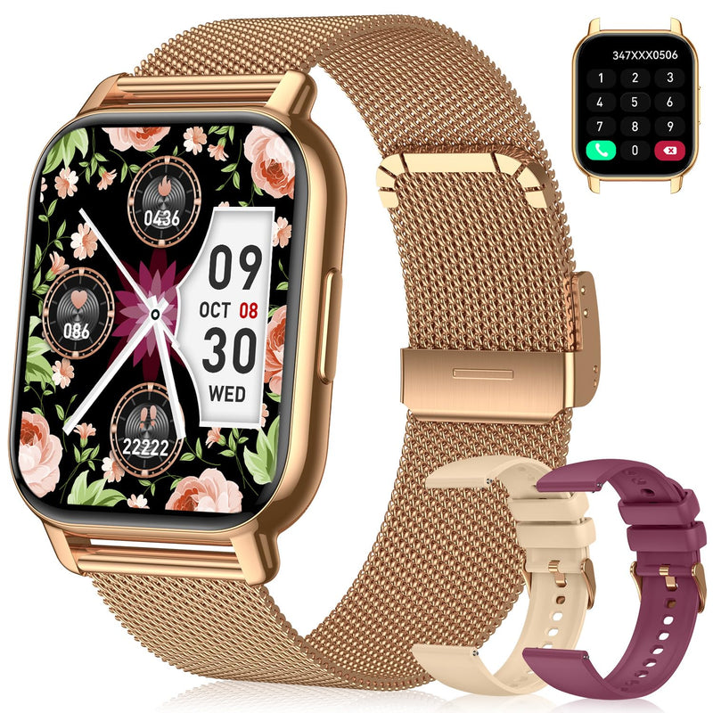 Smart Watch for Women, Fitness Tracker with Bluetooth Calls & AI Voice Control, 1.85’’ HD Screen, Heart Rate/SpO2 Monitor, Sleep Tracker, Compatible with Android iOS (Gold) Gold