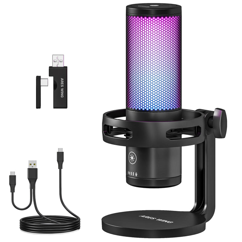 ARES WING USB Gaming Condenser Microphone with RGB Light, for Streaming | Cardioid Podcast Mic, Noise Reduction, Quick Mute, Shock Mount, Headphone Jack, Gain Knob for PC/Mac Discord Twitch YouTube