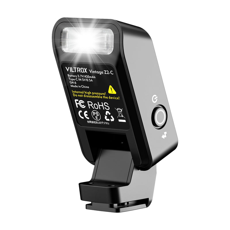 VILTROX Z2 Mini Foldable TTL Camera Flash for Canon | Pocket-sized foldable flash with raised head, TTL auto, 5 manual levels, USB-C rechargeable, 700 flashes, 2s recycle.