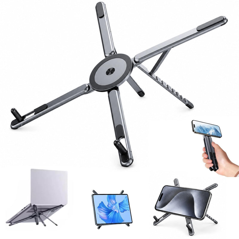 3 in 1 Magnetic Laptop Stand Foldable | For Phone Tablet Laptop 10-16 Inch, 8 Level Height Adjustable Computer Riser, ABS Plastic, Travel Desk Home Office Use