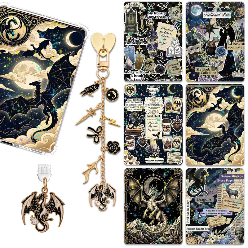 Inserts Cardstock for Clear Case - 8 Pcs Fantasy Dragon Back Cover Skin Card Cool Dust Plug Charm Chain for Kindle Paperwhite 11th 12th E-Reader Decorative Accessories Bookish Readers Gift 6.8" × 4.8"