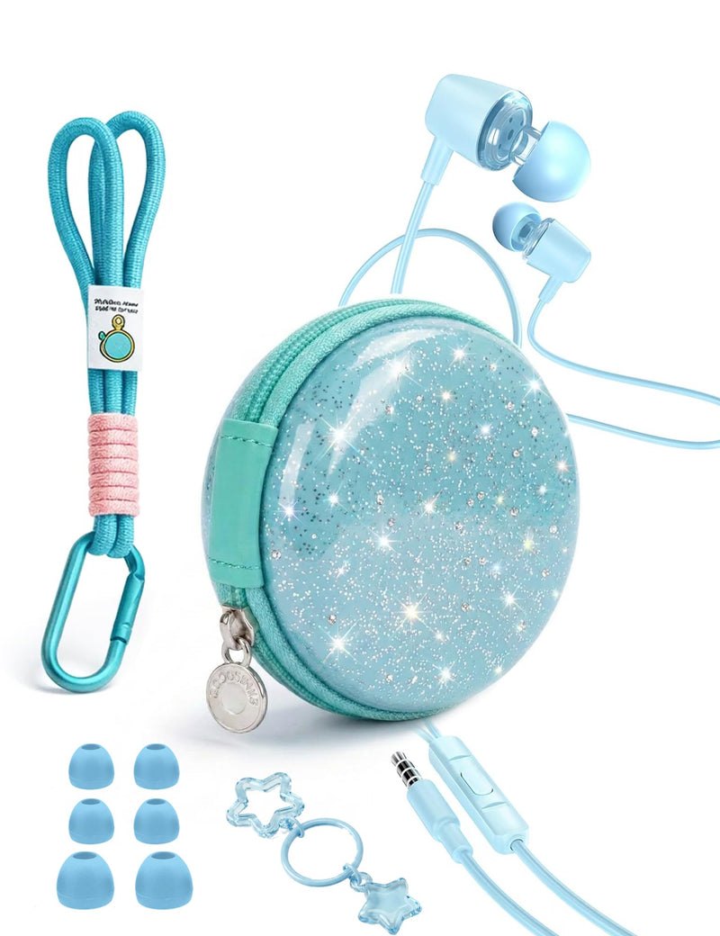 Glitter Skyblue Teens Wired Earbuds with Case, 3.5mm Headphones for School | GOGOSINIS Wired Student Earbuds with Glitter Blue Case, Braided Lanyard Wristlet & Star Keychain Charm, For School backpacks Glitter Skyblue