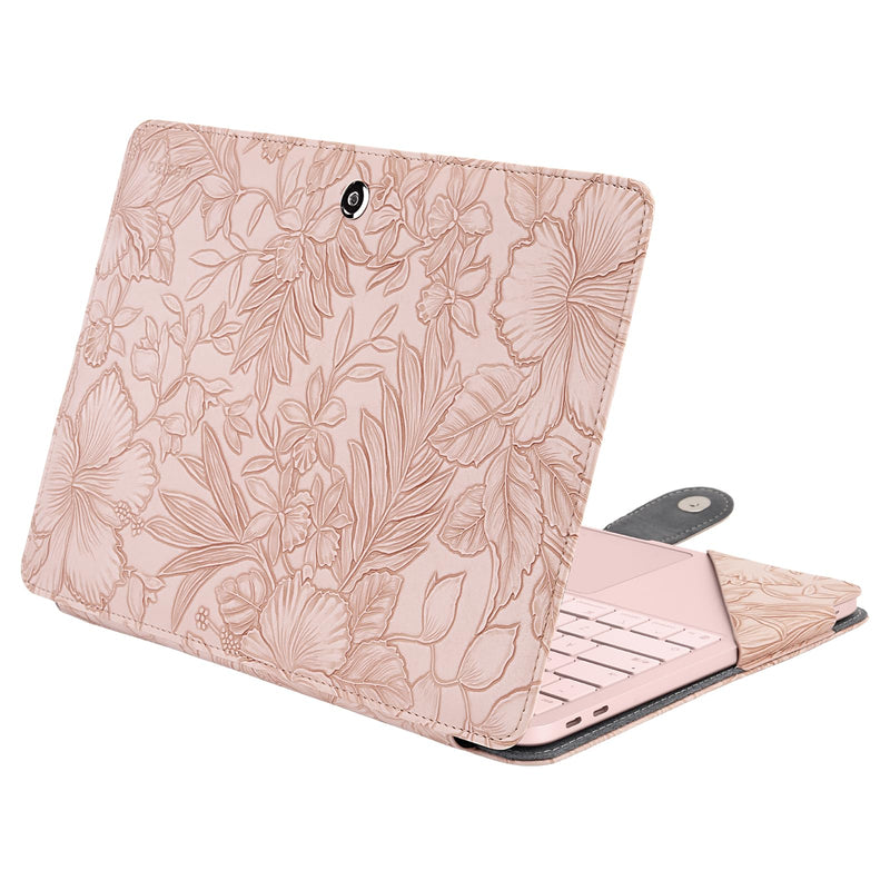 MOSISO PU Leather Hard Shell Case Compatible with MacBook Neo Case 13 inch | 2026 Release Model A3404 with A18 Pro Chip, Embossed Retro Hibiscus PU Leather Portfolio Protective Stand Cover, Pink