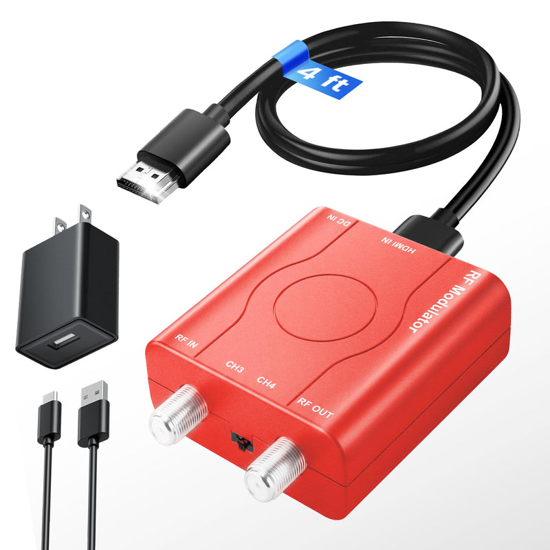 HDMI to RF Modulator with 1.2M HDMI Cable & Power Adapter,Plug and Play Coax RF Converter for TV, 1080P PLL Control NTSC Output CH3/CH4 RF Converter for Antenna TVs and Game Consoles（red）