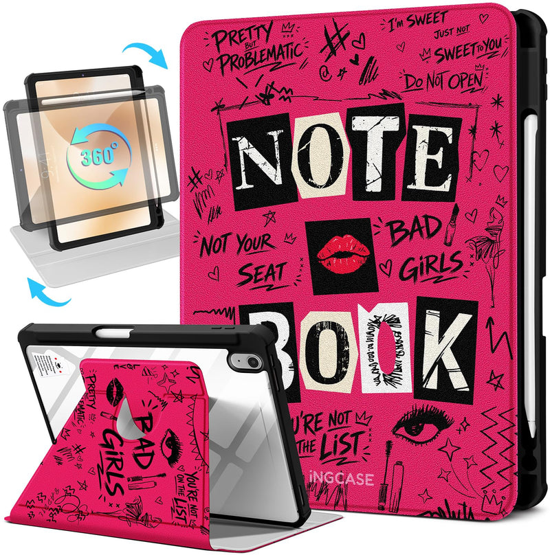 360 Rotating Stand Folio Smart Case for iPad with Pencil Holder | for iPad 11th Gen A16 11 inch 2025/10th Gen 10.9 inch 2022, Auto Sleep/Wake, Women Girls, Notebook Design for iPad 11inch (A16)/ iPad 10.9 inch