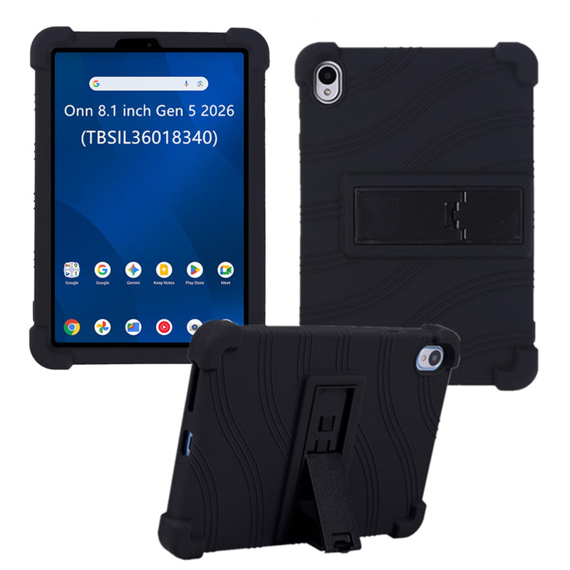 Case for Onn 8.1 inch Tablet 2026 Model (TBSIL36018340), Kids Friendly Soft Silicone Adjustable Stand Cover for Walmart Onn 8.1" Tablet Gen 5 2026 (Black) Black