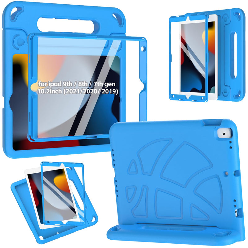 TIRIN Kids iPad Case 9th/8th/7th Generation 10.2 inch (2021/2020/ 2019) | Blue iPad 9th gen case with built-in screen protectors, iPad 8th gen case with Foldable Handle Stand, Child-friendly