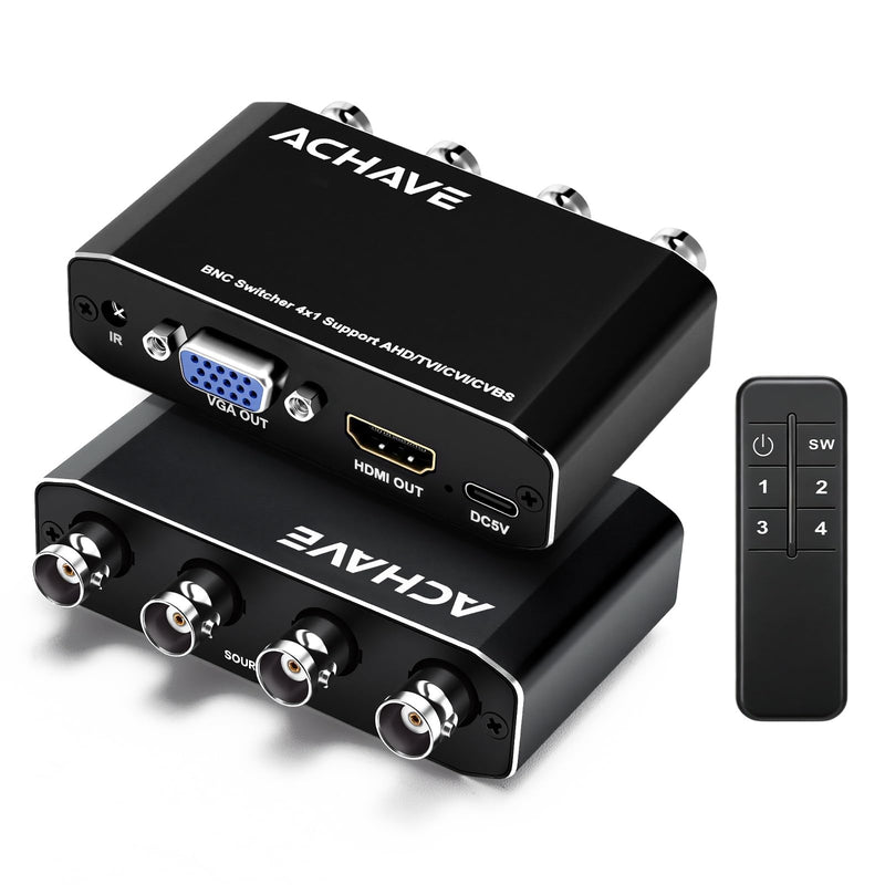 ACHAVE 4x1 BNC Switcher, Supports AHD/TVI/CVI/CVBS Signals, Simultaneous HDMI + VGA Output, 4-Channel Video Switcher for CCTV Camera/Monitor