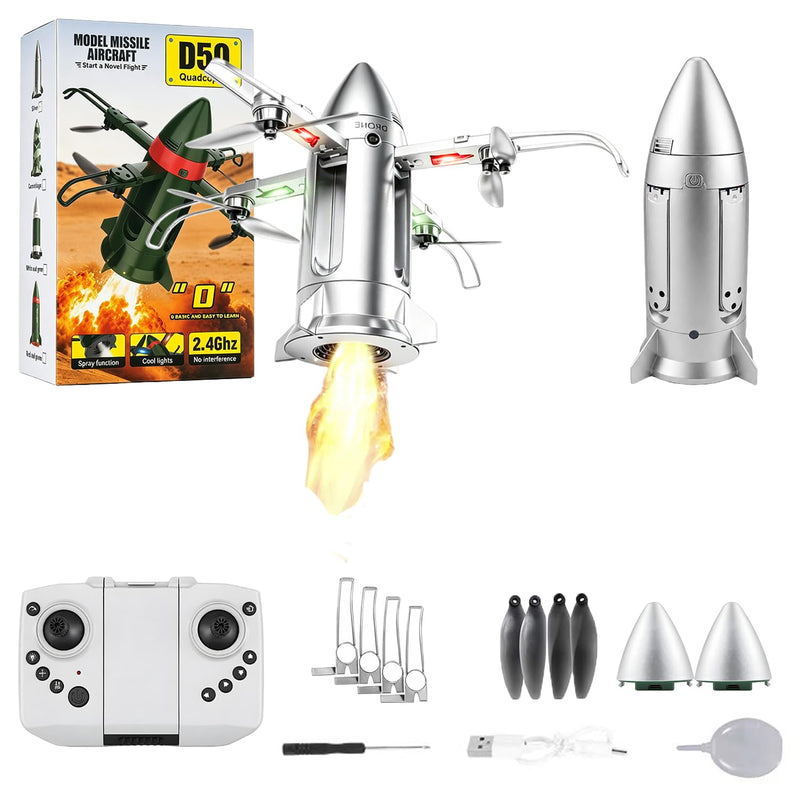 Remote Control Rocket Drone 2.4GHz RC Missile Quadcopter with Spray Exhaust & LED Lights, Easy to Fly Aircraft for Beginners Boys, Outdoor Gifts