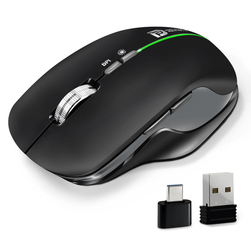 Wireless Ergonomic Mouse Bluetooth 2.4G Rechargeable | Ergonomic Grip, Silent Click, RGB Backlit, 5-Level DPI 1000-6400, USB-C Charging, Side Buttons, for PC/Laptop/Mac/iPad Black