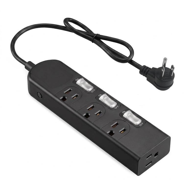 Small Power Strip with Individual Switches, 3FT Extension Cord | 3 Switched Outlets with LED and 1 Always-On, Wide-Spaced, Mountable for Aquarium, 1500W/12A, Flat Plug, Black