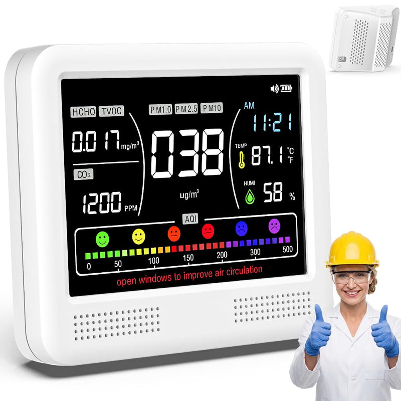 16-in-1 Air Quality Monitor Indoor, CO2 Monitor with 9 Readings & 7 AQI Alerts, Air Quality Tester for CO2, TVOC, HCHO, PM2.5 PM1.0 PM10, Temp Humidity & Time, Indoor Meter for Home Office (PureWhite) PureWhite
