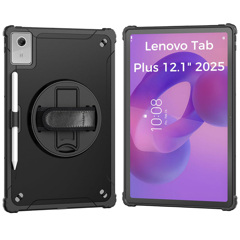 ZenRich Rugged Case for Lenovo Idea Tab Plus /K12 12.1 inch | Slim TPU Protective Case with 360 Rotating Kickstand & Hand Strap & Shoulder Belt 2025 Release Black 12.1-in