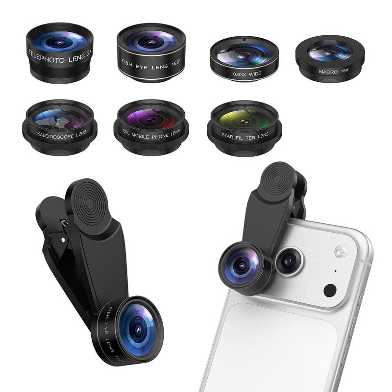 7 in 1 Clip On Phone Camera Lens Kit, 0.63X Wide Angle,15X Macro,2X Telephoto,198°Fisheye,CPL,Starburst, Kaleidoscope Universal Smartphone Lens for iPhone Samsung Google Pixel