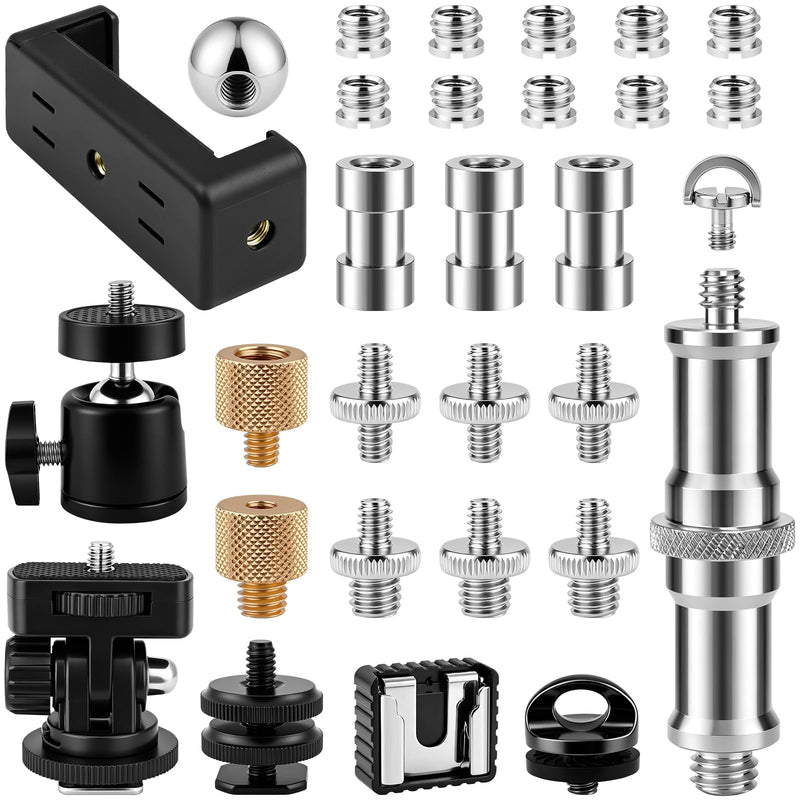 30Pack Camera Tripod Screw Mount Kit, 1/4" & 3/8" Camera Screw Adapter | with Ball Head, Cold Shoe Mount, Phone Clamp, Flash Hot Shoe Adapter for Camera, Tripod, Ring Light, Mic & LED Video Light