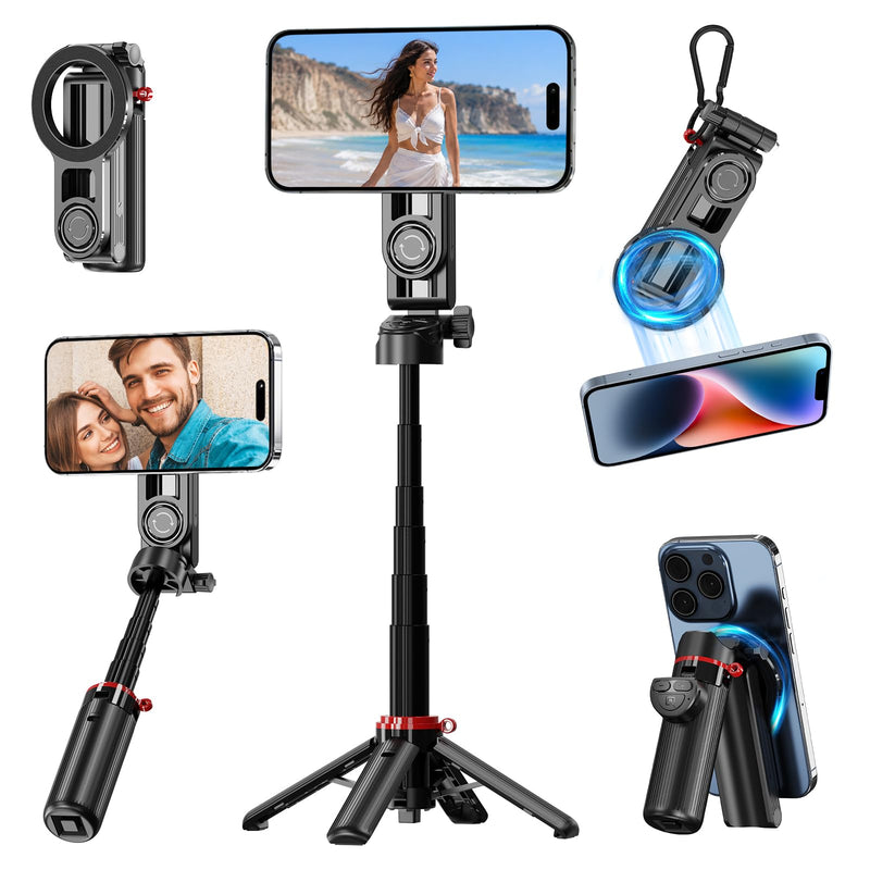 Mini Magnetic Quadrapod Selfie Stick for Phone with Carabiner & Remote | Extendable, Pocket-Sized & Lightweight. Bluetooth Remote with Zoom. Compatible with iPhone. Great for Travel, Vlog & Selfie.