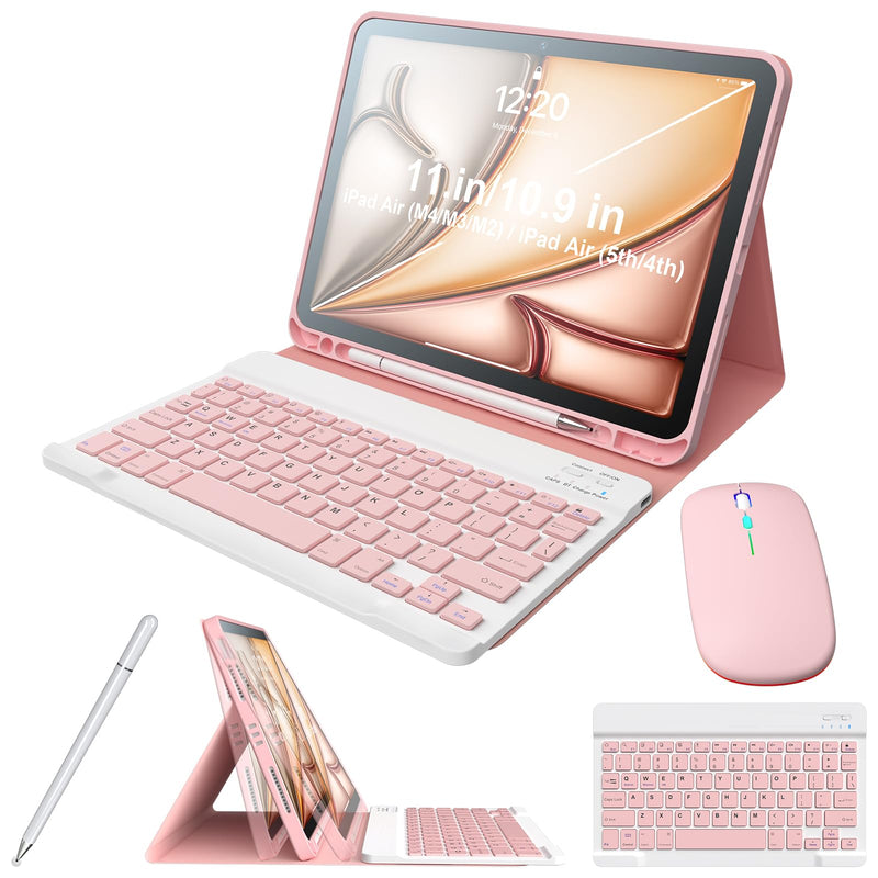 Keyboard Case Compatible with iPad Air 11-inch/Air 5th 4th Generation, Backlit Detachable Folio Keyboard Cover with Pencil Holder, Free Stylus Pen & Mouse for Air 11" M4/M3/M2, Air 5/Air 4 (Pink) Pink