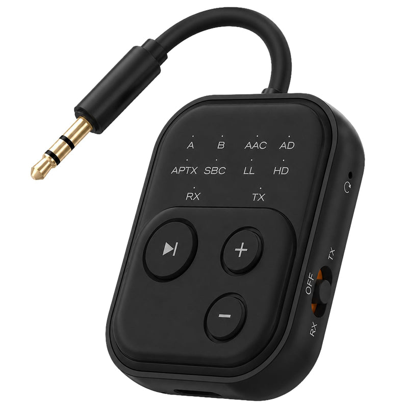 Bluetooth 6.0 Audio Transmitter Receiver, Airplane Bluetooth Adapter for TV | Dual Link for 2 Headphones, Qualcomm aptX LL, HD, 3.5mm AUX Audio Transmitter for Flight Trave, Gym, Low Latency, Black