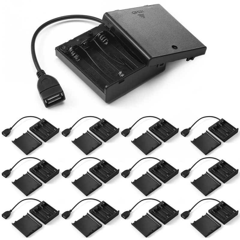 Copkim 12 Pcs USB Battery Pack for LED Lights Portable 5V Battery Pack with Cover for Plug in Lights, 4 AA Holder with Switch for Christmas New Year Neon Signs Outdoor Camping, Black