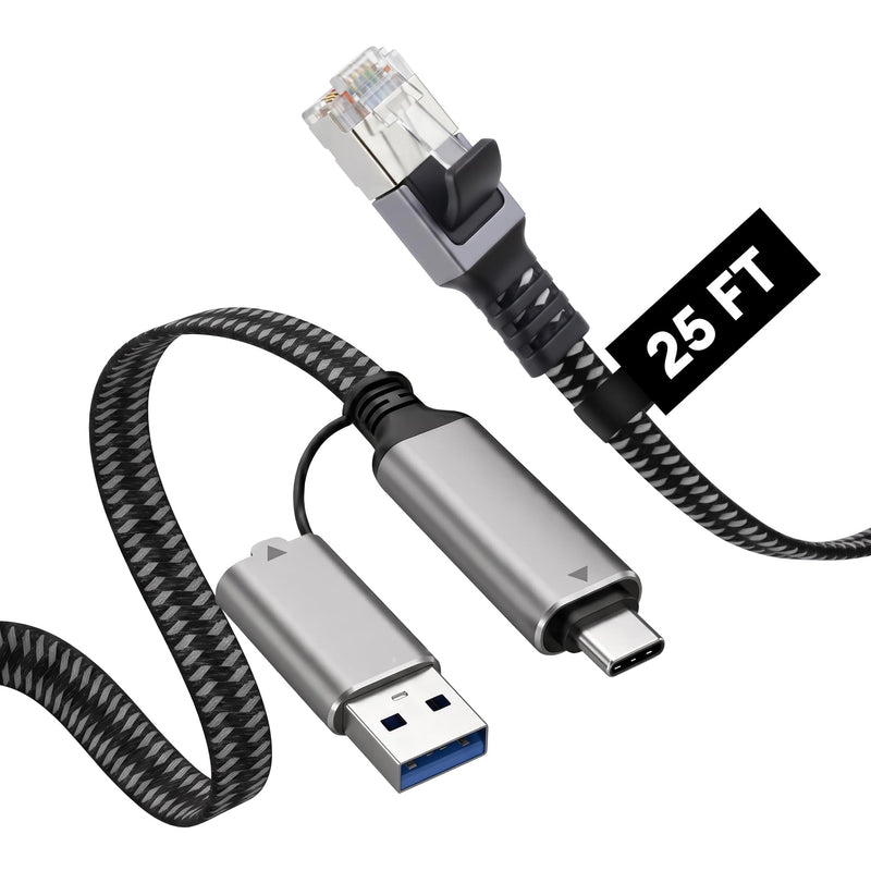 Molltto USB 3.0 to Ethernet Adapter Cable 25FT, USB C & USB A 2 in 1 | Flat Braided Gigabit RJ45 Network Cord for Laptop, PC, Tablet, Smartphone, Thunderbolt 4/3, Not for Charging